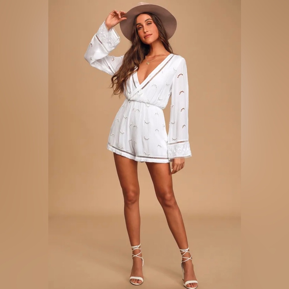 Lulus Moonlight Magic White Embroidered Eyelet Long Sleeve Romper